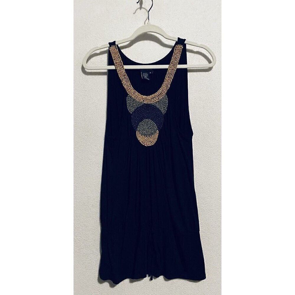 Max Studio Top Womens XL Black Knit Tunic Tank Boho Beaded Ruffle Hem Hippie Y2K